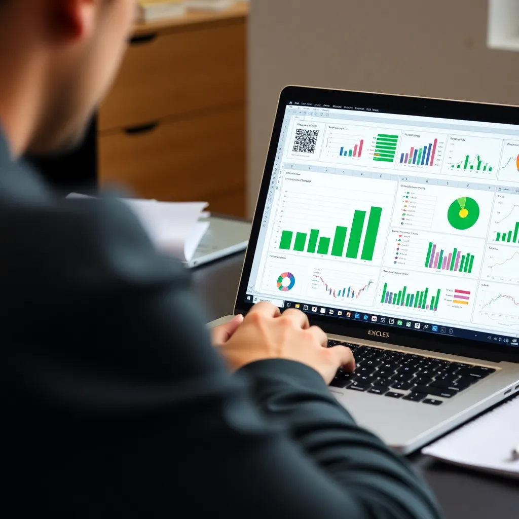 Een persoon die Excel gebruikt op een laptop met grafieken en gegevensvisualisaties